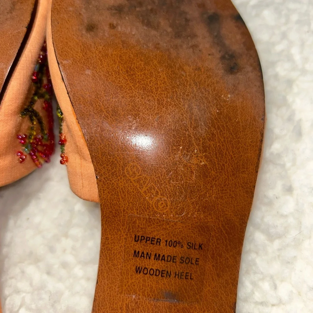 Beaded Silk Slide Sandals Size 10 Made in India Floral Boho Wooden Heel Resort - Picture 7 of 8